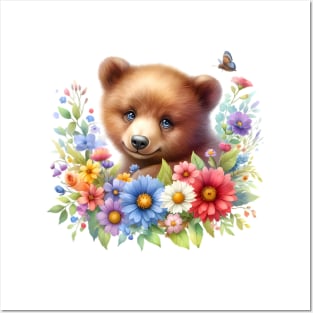 A brown bear decorated with beautiful colorful flowers. Posters and Art